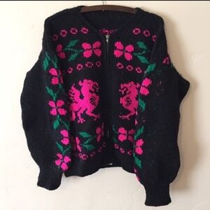 80s Pink Dragon Chunky Knit Zip-Up Sweater-M
